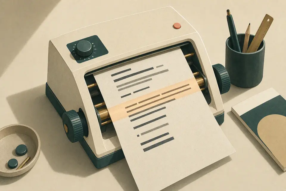 An illustrated cream reading calibration machine guiding abstract lines through a warm horizontal focus band